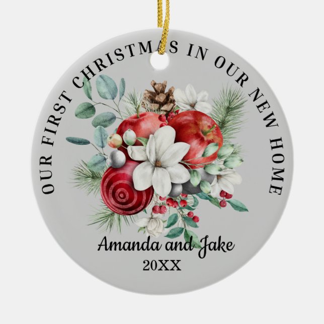 First Christmas Floral Ceramic Ornament (Front)