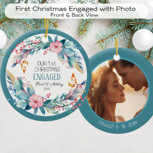 First Christmas Floral  Engaged Photo Date Ceramic Ornament