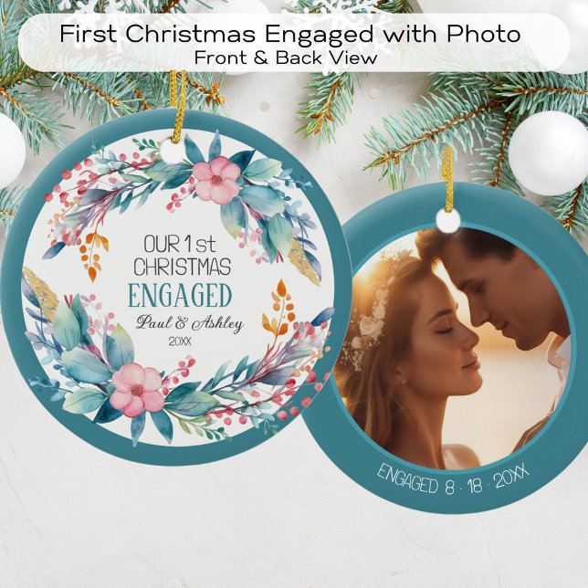 First Christmas Floral  Engaged Photo Date Ceramic Ornament (Creator Uploaded)