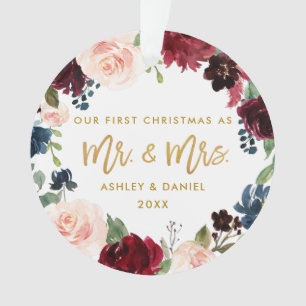 First Christmas Floral Gold   Photo Back Ornament