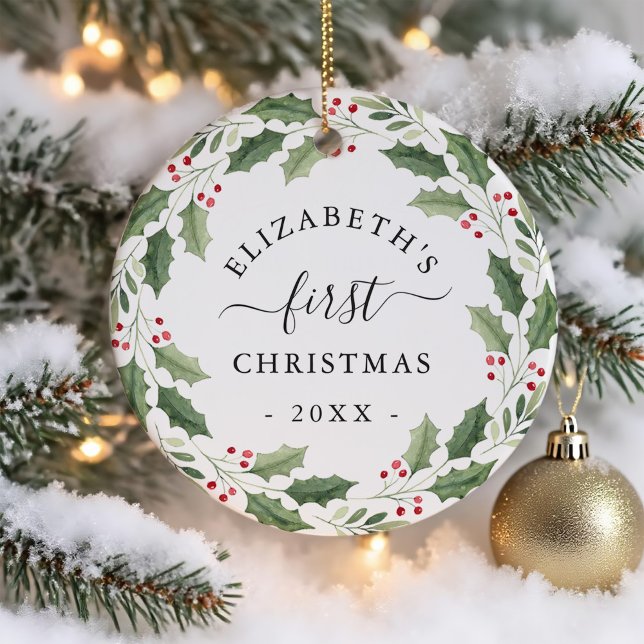 First Christmas Floral Greenery Wreath Ceramic Ornament (Creator Uploaded)