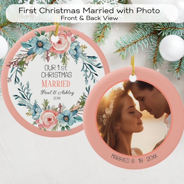 First Christmas Floral  Married Photo and Date Ceramic Ornament (Creator Uploaded)