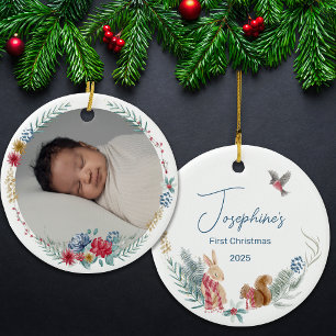 First Christmas Floral Woodland Animal Baby Photo  Ceramic Ornament