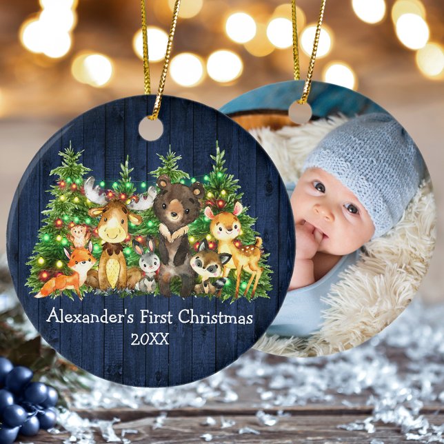 First Christmas Forest Animals Lights Blue PHOTO Ceramic Ornament (Customize with name, year and photo on back.)