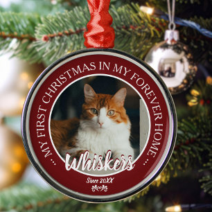 First Christmas Forever Home Cat Photo and Name Metal Ornament