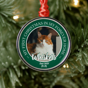 First Christmas Forever Home Cat Photo and Name Metal Ornament