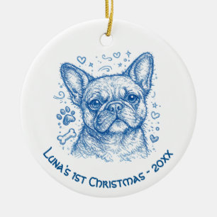 First Christmas French Bulldog blue lineart doodle Ceramic Ornament