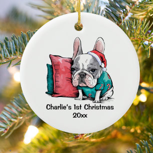 First Christmas French bulldog Santa hat sweater Ceramic Ornament