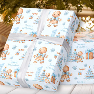 First Christmas Gingerbread Man Boy Blue Name Text Wrapping Paper