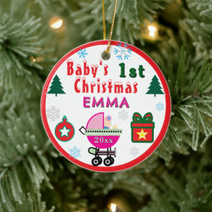 First Christmas Girl Pink Name PHOTO Ceramic Ornament