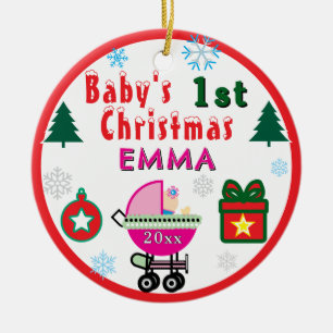 First Christmas Girl Pink Name PHOTO Ceramic Ornament