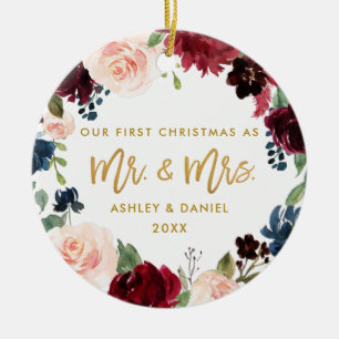 First Christmas Gold Floral   Photo Back Ceramic Ornament