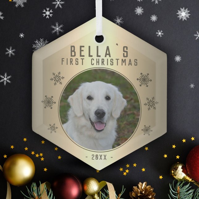 First Christmas Golden Snowflake Dog Photo Glass Tree Decoration (Creator Uploaded)