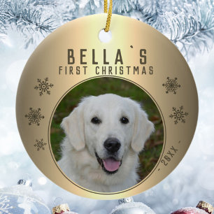 First Christmas Golden Snowflake Puppy Photo Ceramic Ornament