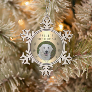 First Christmas Golden Snowflake Puppy Photo Snowflake Pewter Christmas Ornament