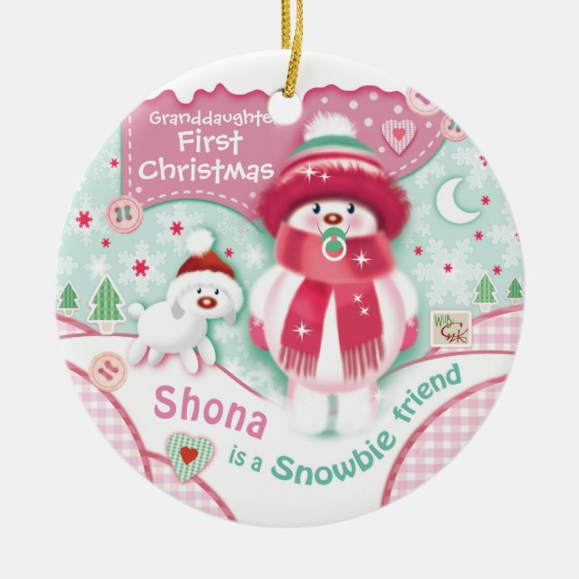 First Christmas, Granddaughter, Cute Snowbie Ceramic Ornament (Front)