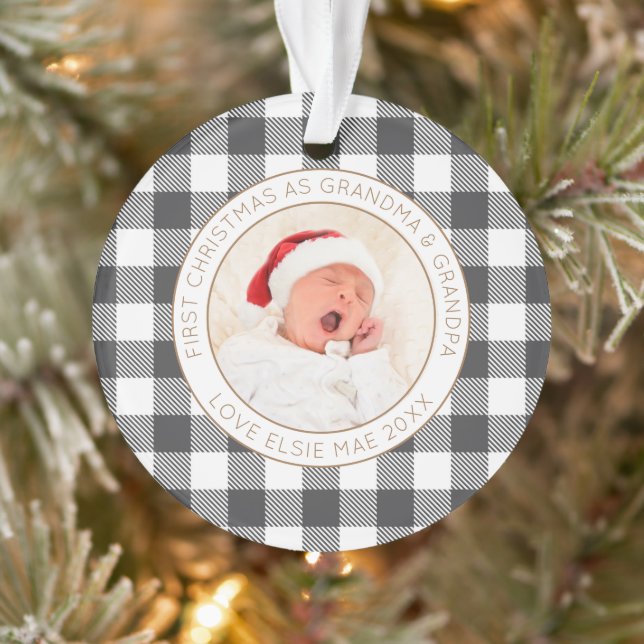 First Christmas Grandma Grandpa Photo Name Plaid Ornament (Tree)