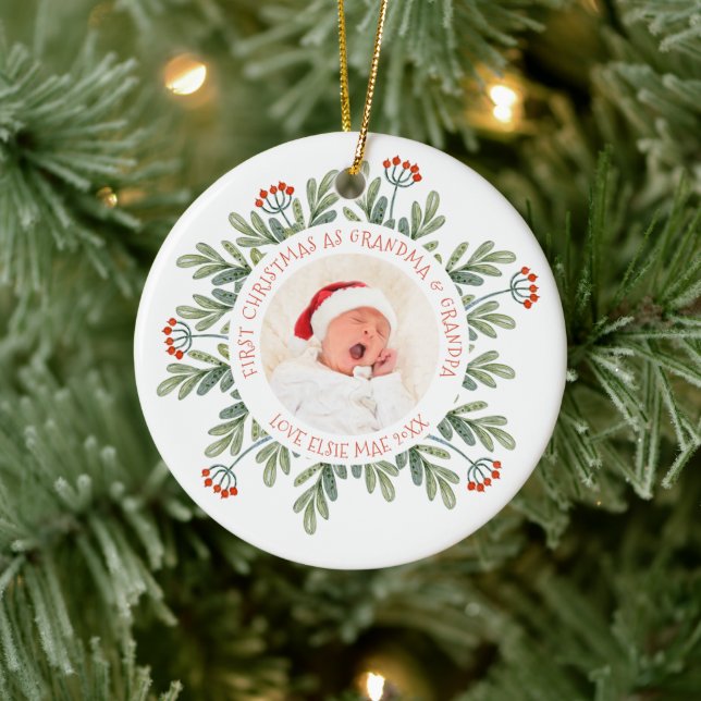 First Christmas Grandma Grandpa Photo Names Leaves Ceramic Ornament (Tree)