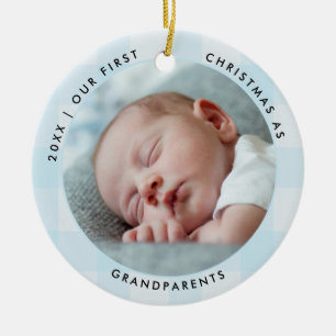 First Christmas Grandparent Green Blue Check Photo Ceramic Ornament