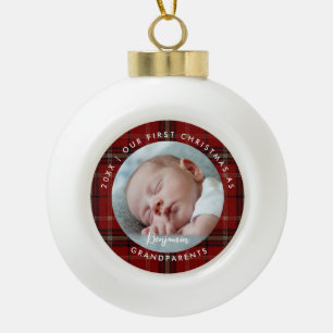 First Christmas Grandparent Red Plaid Baby Photo Ceramic Ball Christmas Ornament