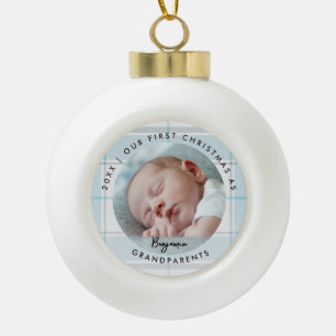 First Christmas Grandparents Blue Plaid Baby Photo Ceramic Ball Christmas Ornament