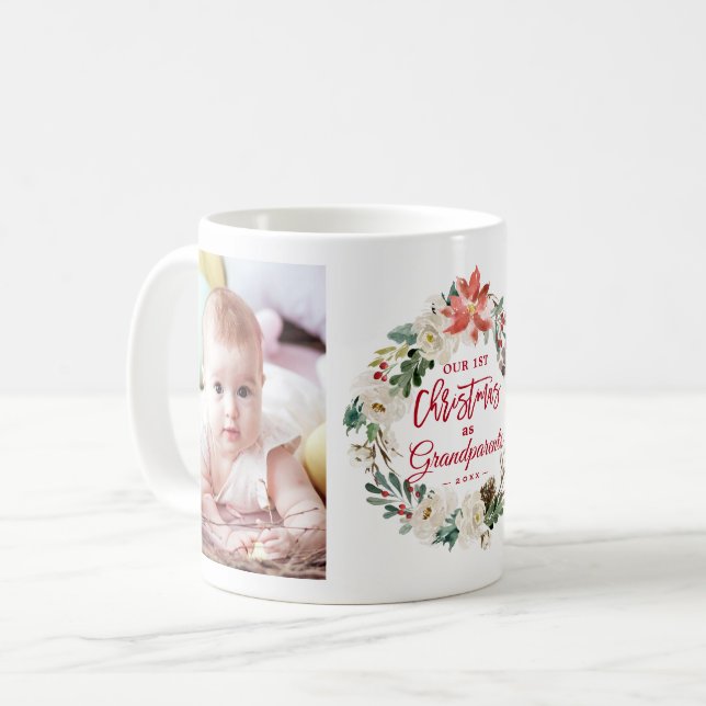 First Christmas Grandparents Floral Wreath Photo Coffee Mug (Front Left)