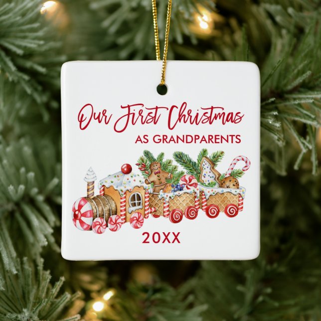 First Christmas Grandparents Gingerbread Train Red Ceramic Ornament (Tree)