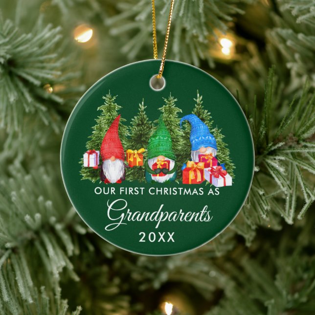 First Christmas Grandparents Gnomes Trees Green Ceramic Ornament (Tree)