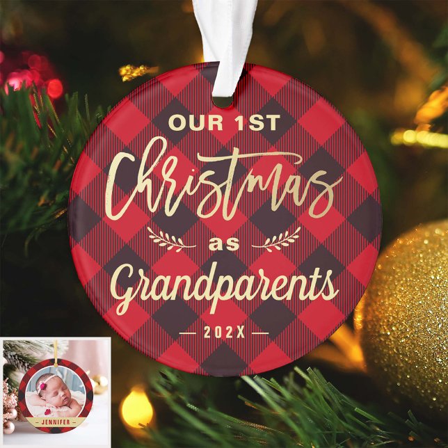 First Christmas Grandparents Gold Red Plaid Photo Ornament (Sample)
