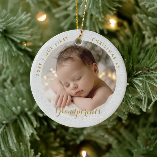 First Christmas Grandparents Gold Script Photo Ceramic Ornament (Tree)