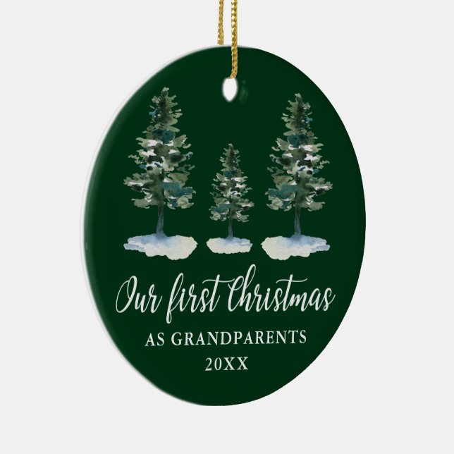 First Christmas Grandparents Green Pine PHOTO BACK Ceramic Ornament (Right)