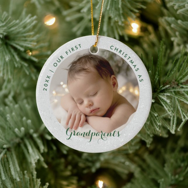 First Christmas Grandparents Green Script Photo Ceramic Ornament (Tree)