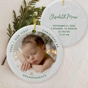 First Christmas Grandparents Minimal Green Photo Ceramic Ornament