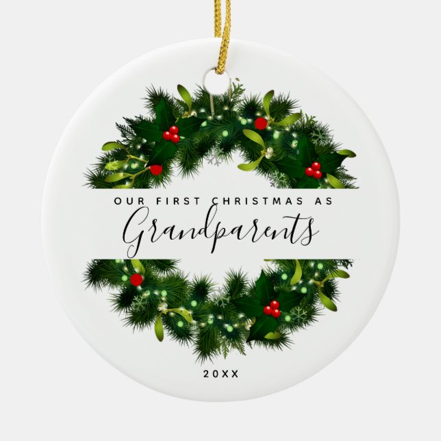First Christmas Grandparents Modern Wreath Custom Ceramic Ornament (Front)