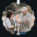 First Christmas grandparents photo script modern Tree Decoration Card<br><div class="desc">Modern Joyful dark red burgundy and green script and heart First Christmas as grandparents keepsake tree ornament card for grandma and grandpa and their first grandchild,  grandson or granddaughter.</div>