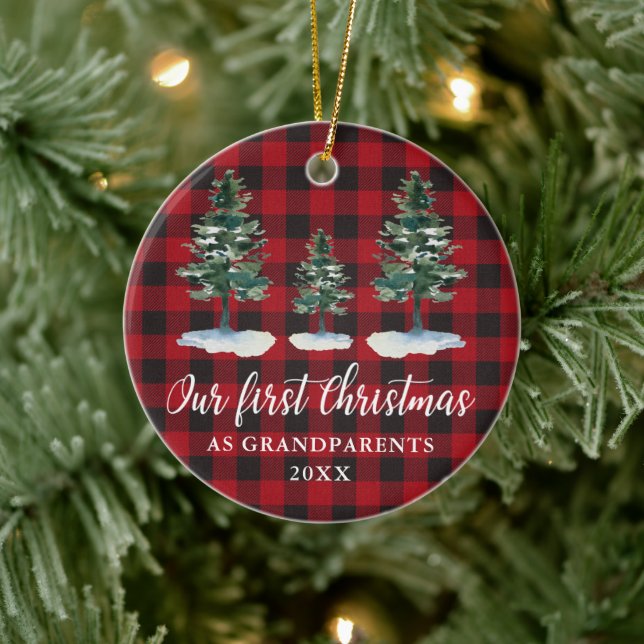First Christmas Grandparents Pines Plaid Ceramic Ornament (Tree)