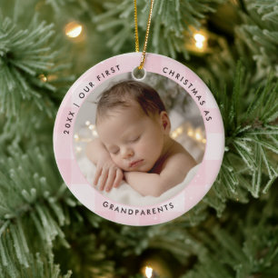 First Christmas Grandparents Pink Checks Photo Ceramic Ornament
