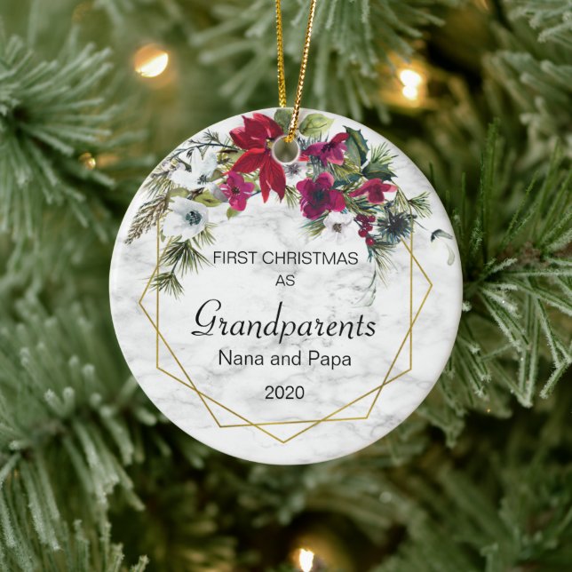First Christmas Grandparents Poinsettia Pine Photo Ceramic Ornament (Tree)