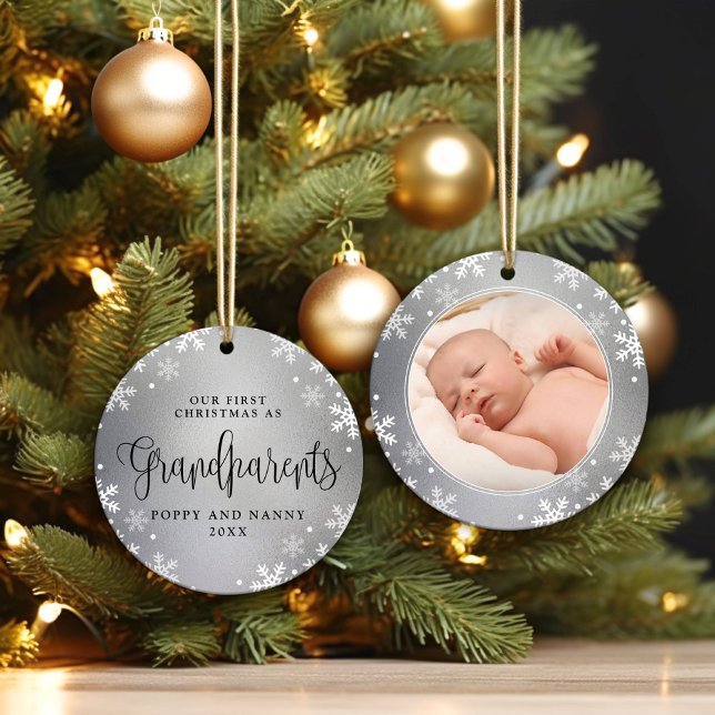 First Christmas-Grandparents Silver Photo Keepsake Ceramic Ornament (Creator Uploaded)
