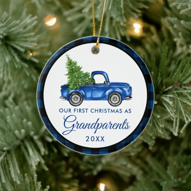 First Christmas Grandparents Truck Blue Plaid Ceramic Ornament (Tree)