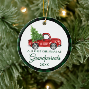 First Christmas Grandparents Truck Green Plaid Ceramic Ornament
