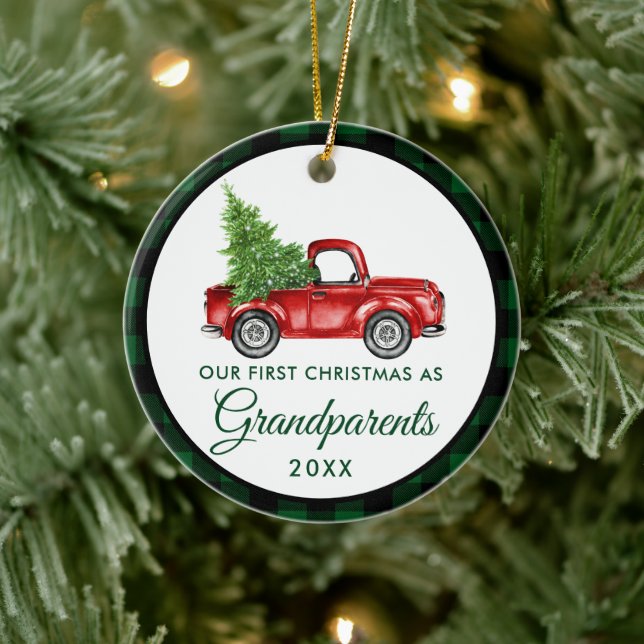 First Christmas Grandparents Truck Green Plaid Ceramic Ornament (Tree)