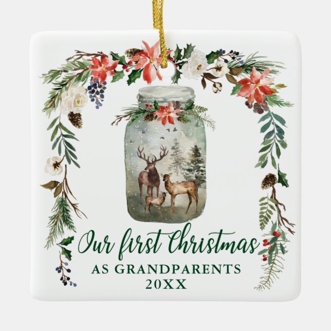 First Christmas Grandparents Winter Deer Family Ceramic Ornament (Front)