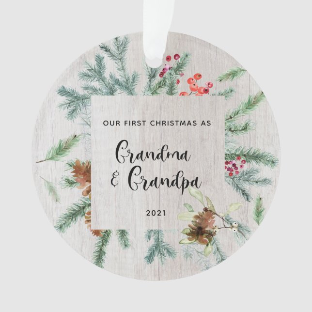 First Christmas Grandparents Winter Greenery Photo Ornament (Front)