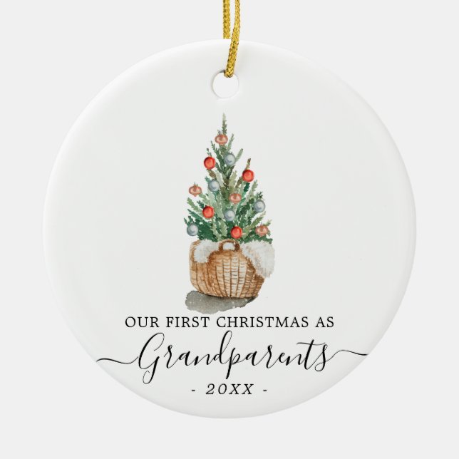 First Christmas Grandparents with photo and tree Ceramic Ornament (Front)