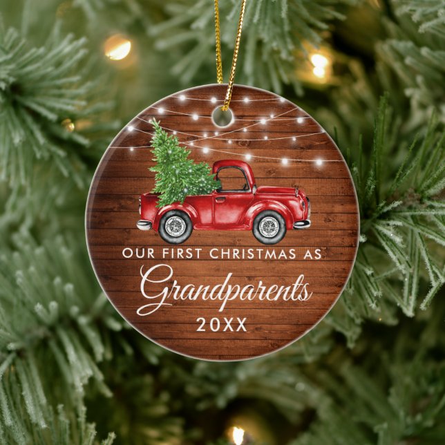 First Christmas Grandparents Wood Truck Lights Ceramic Ornament (Tree)