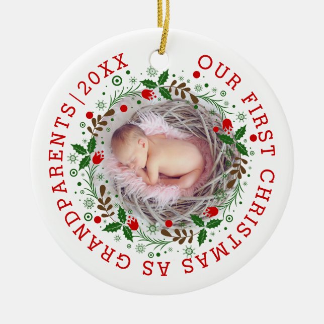 First Christmas grandparents wreath photo Ceramic Ornament (Front)
