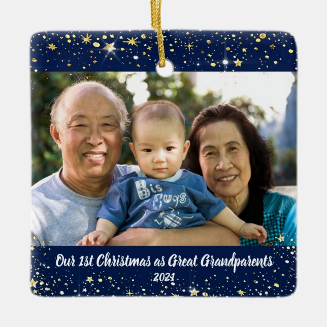 First Christmas Great Grandparents 2 Photo Stars Ceramic Ornament (Front)