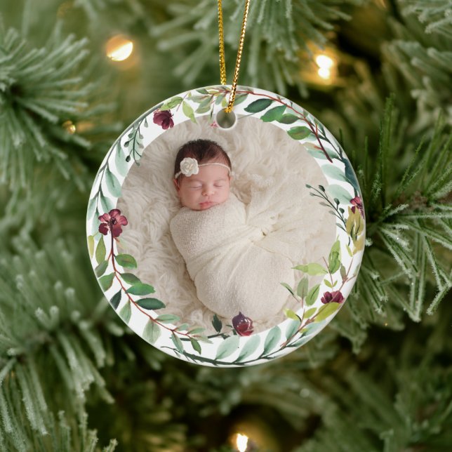 First Christmas Green Holiday Wreath Baby Photo Ceramic Ornament (Tree)