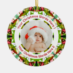 First Christmas Green Pink Photo Baby Keepsake Ceramic Ornament